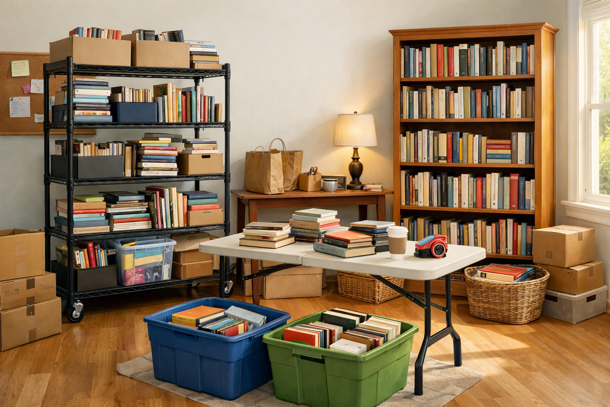 Book Sale Sorting: Rolling or Stationary Shelves?