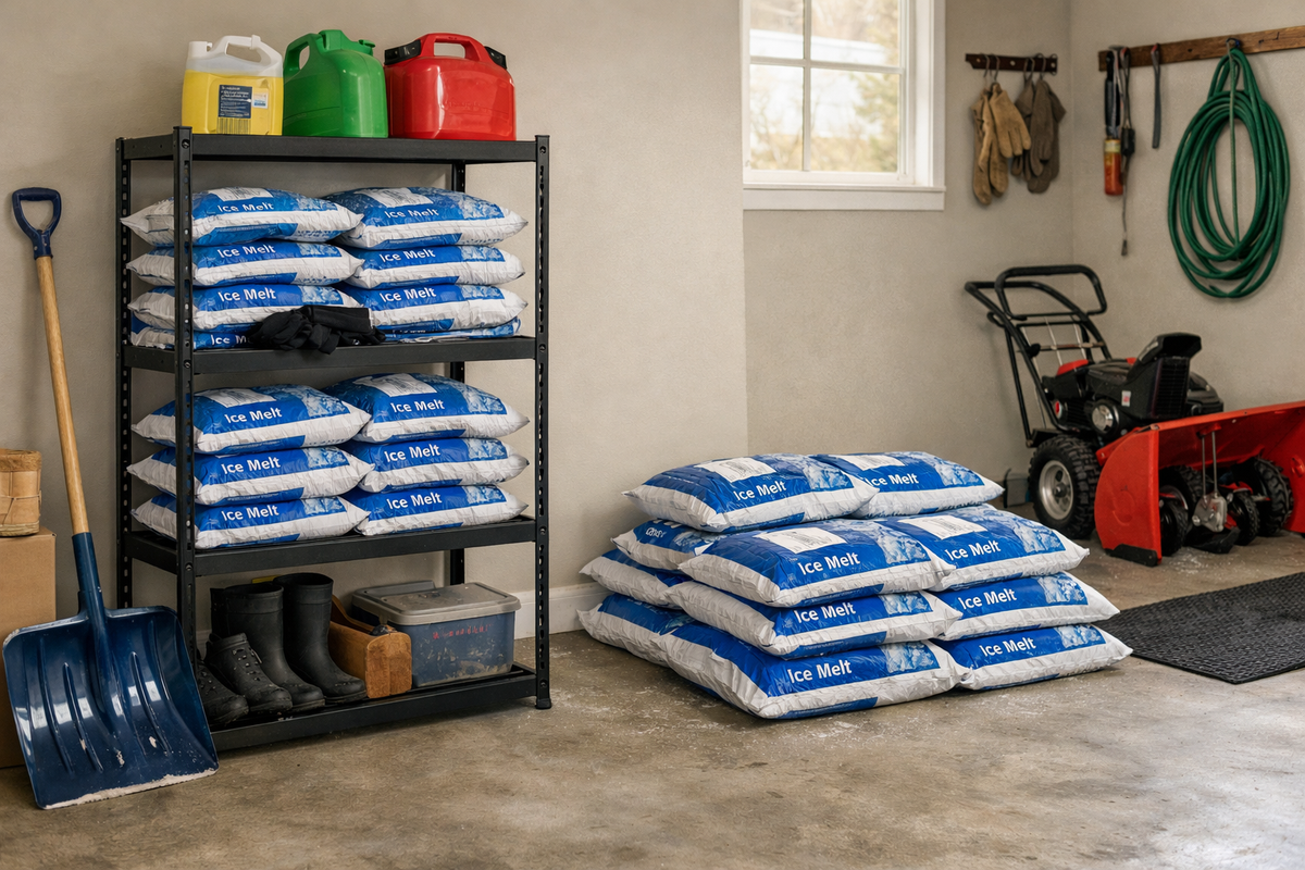 Garage Ice Melt Storage: Shelves or Floor Stacking?