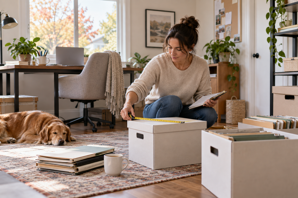 Home office owner measuring archive boxes before planning shelf storage