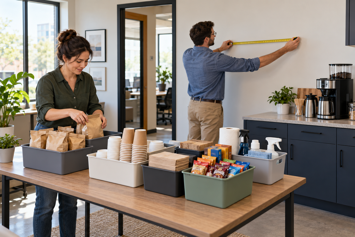 Coworkers measuring an office breakroom wall while sorting coffee and pantry supplies