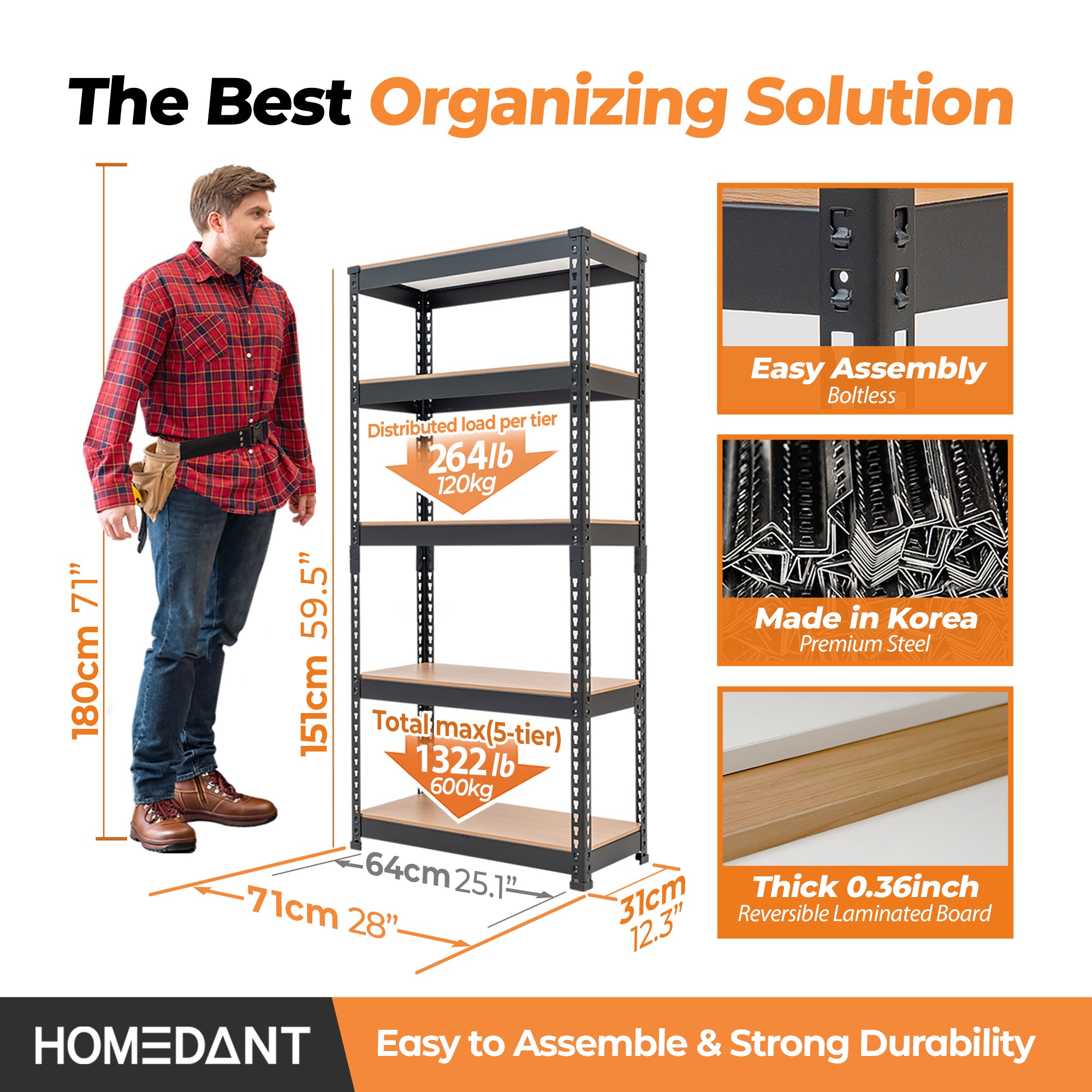 28"W HOMEDANT 5-Tier Standing Shelf, Black