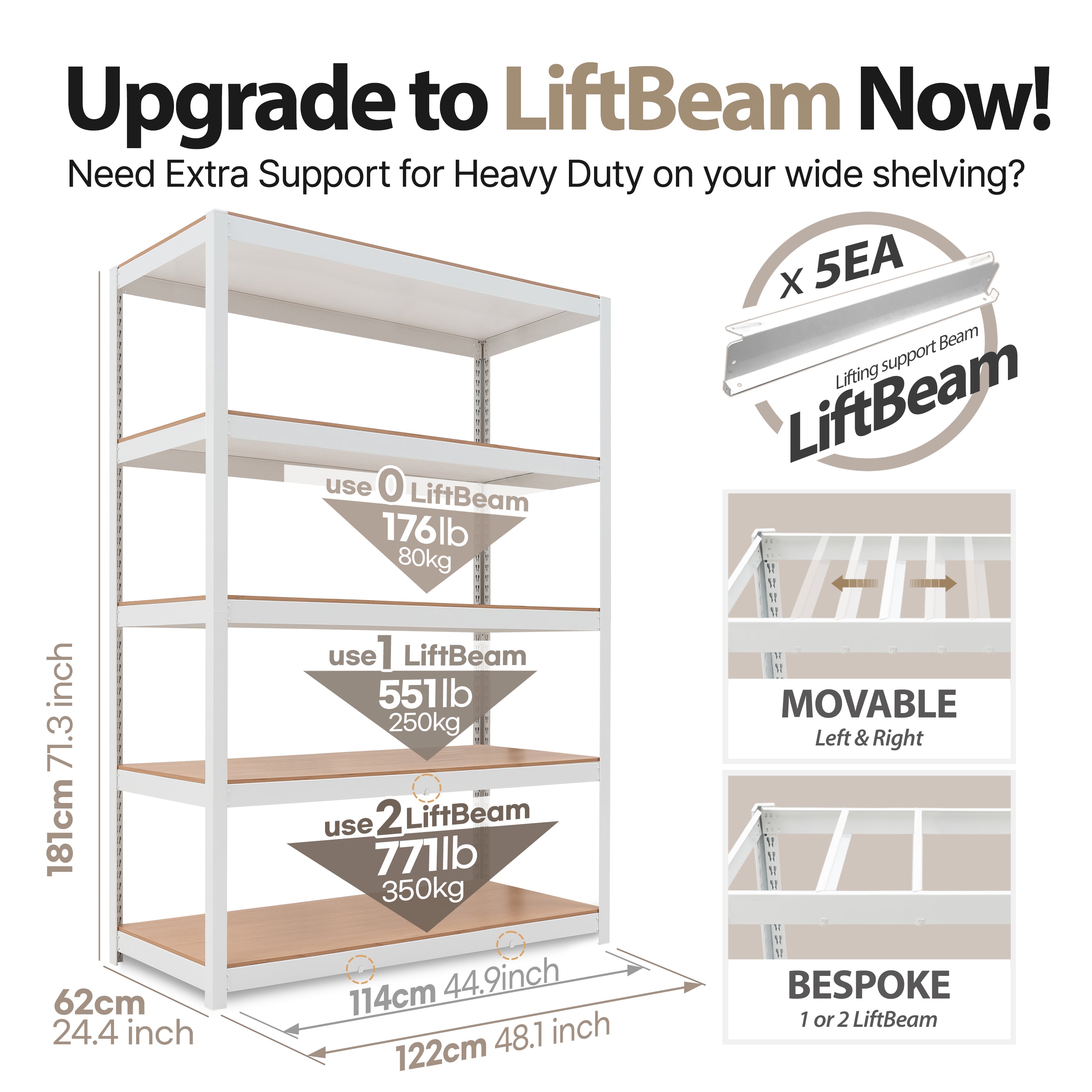 48.1"W Extra Deep HOMEDANT HOUSE 5-Tier Heavy Duty Shelf, White
