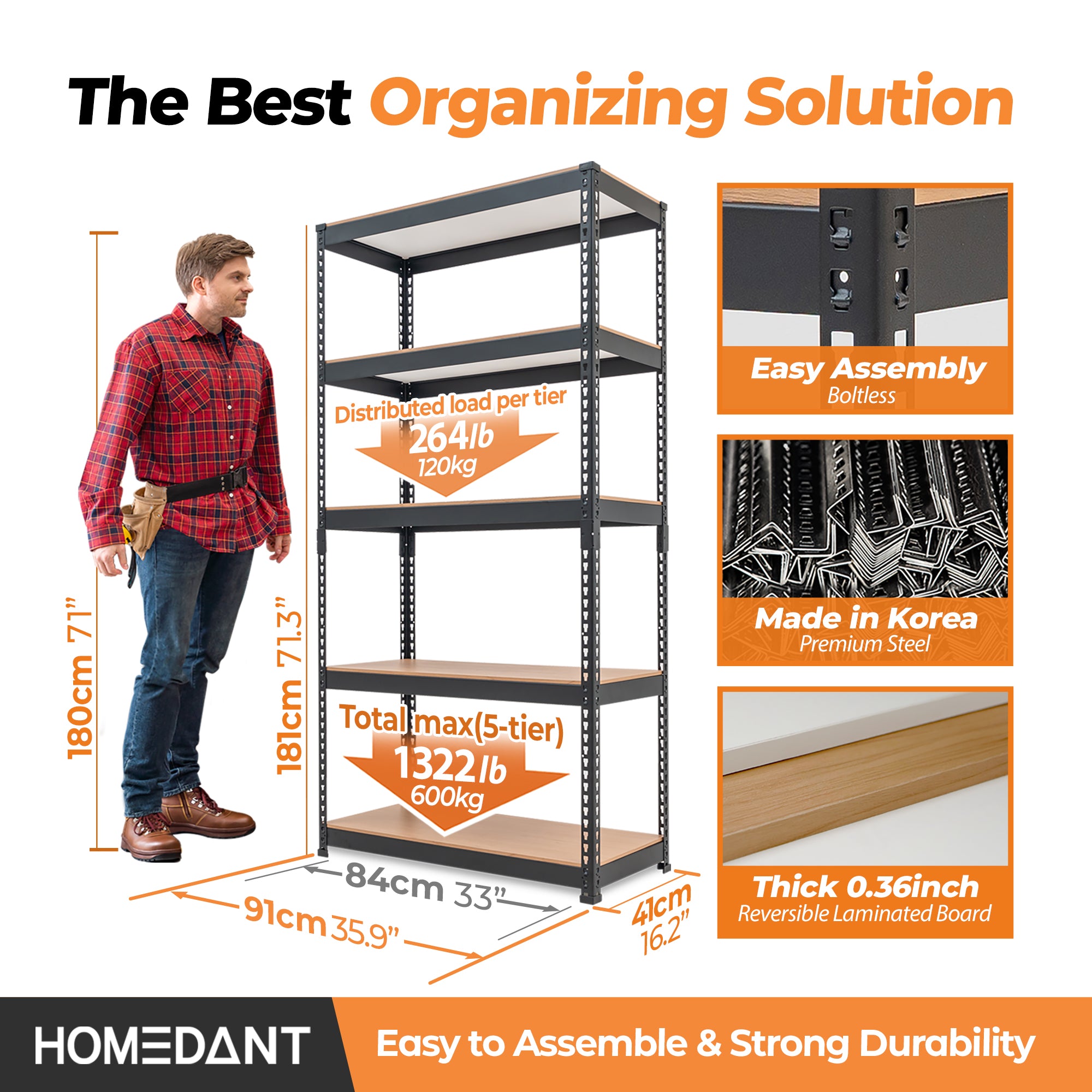 35.9"W HOMEDANT 5-Tier Standing Shelf, Black