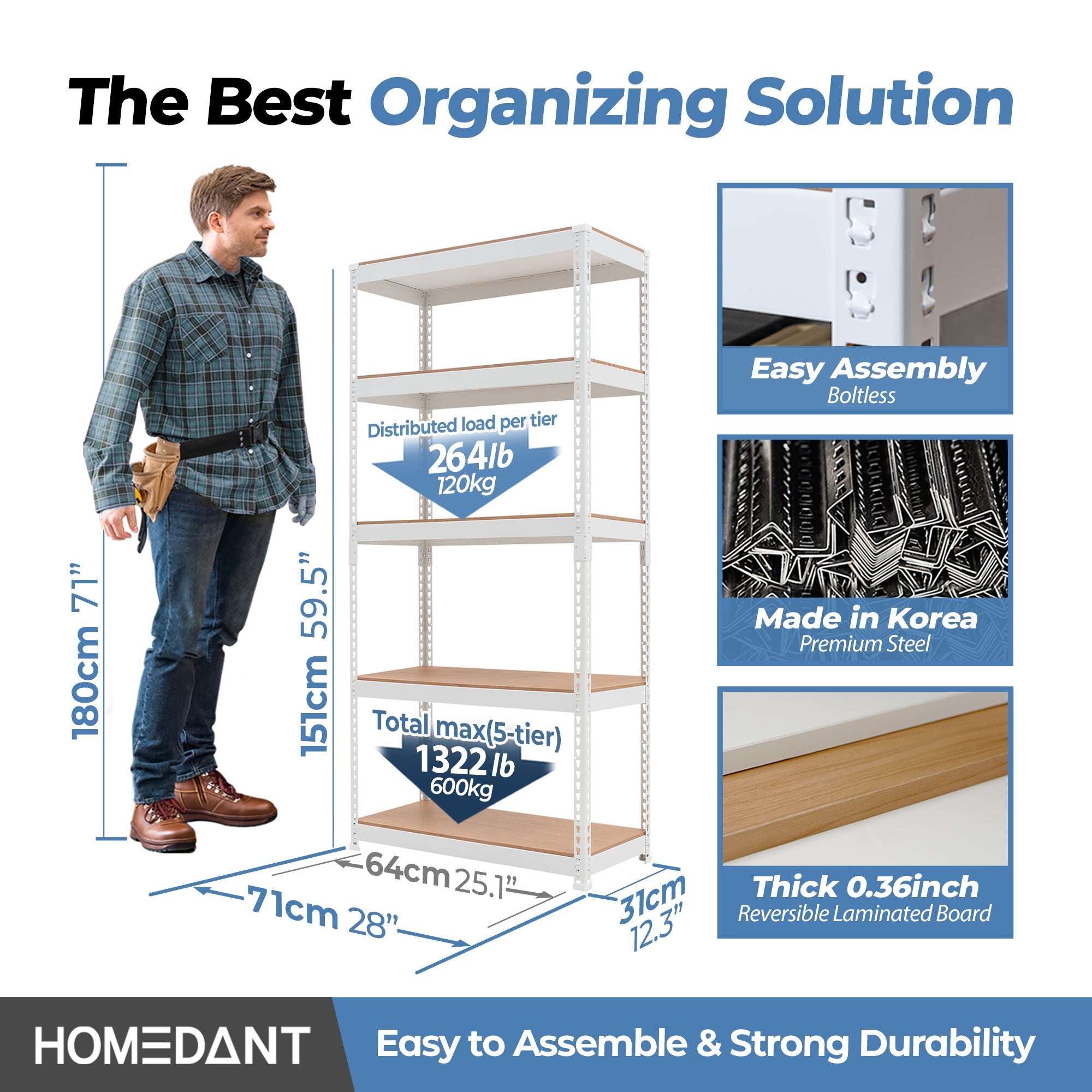 28"W HOMEDANT 5-Tier Standing Shelf, White