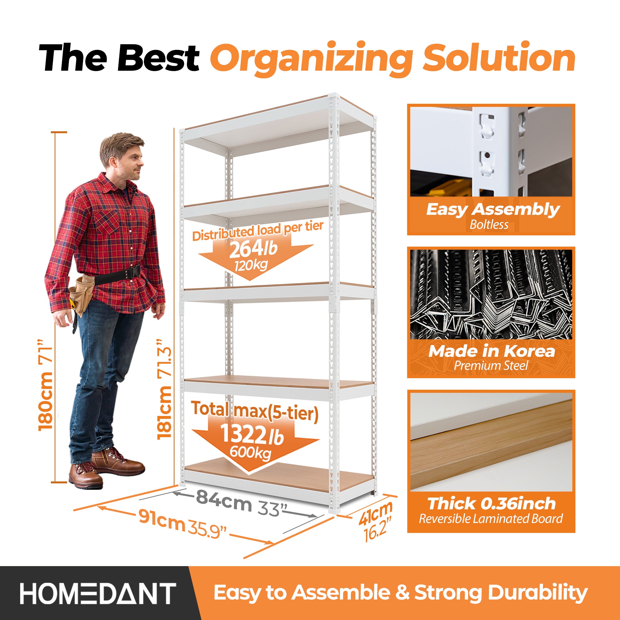 35.9"W HOMEDANT 5-Tier Standing Shelf, White