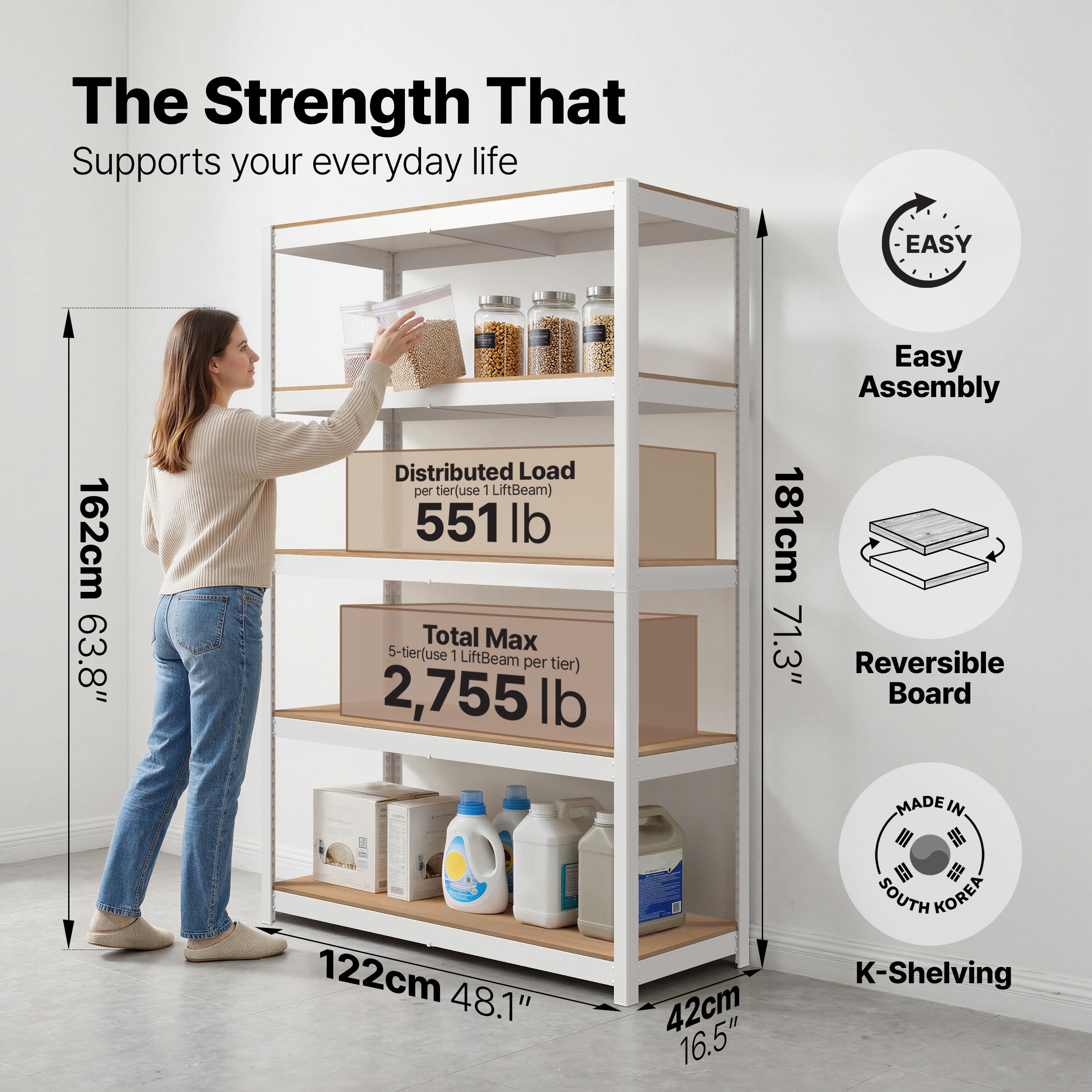 48.1"W HOMEDANT HOUSE 5-Tier Heavy Duty Shelf, White