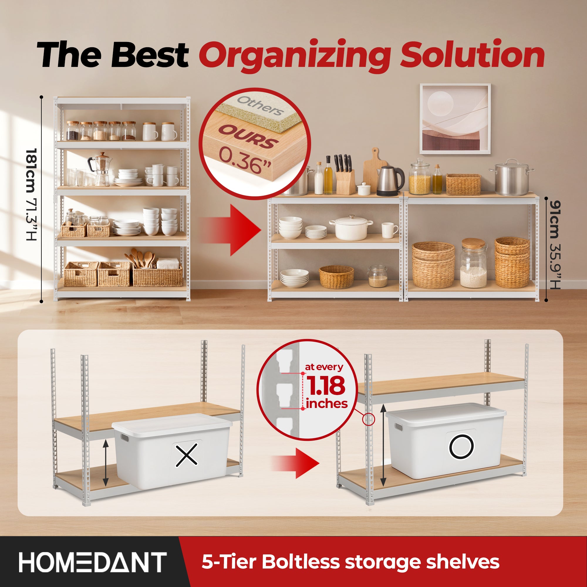 47.7"W HOMEDANT 5-Tier Heavy Duty Shelf, White