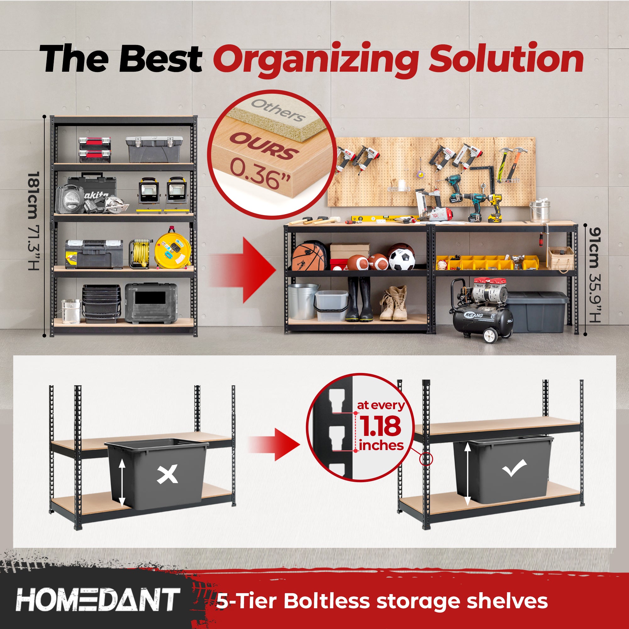 47.7"W Extra Deep HOMEDANT 5-Tier Heavy Duty Shelf, Black