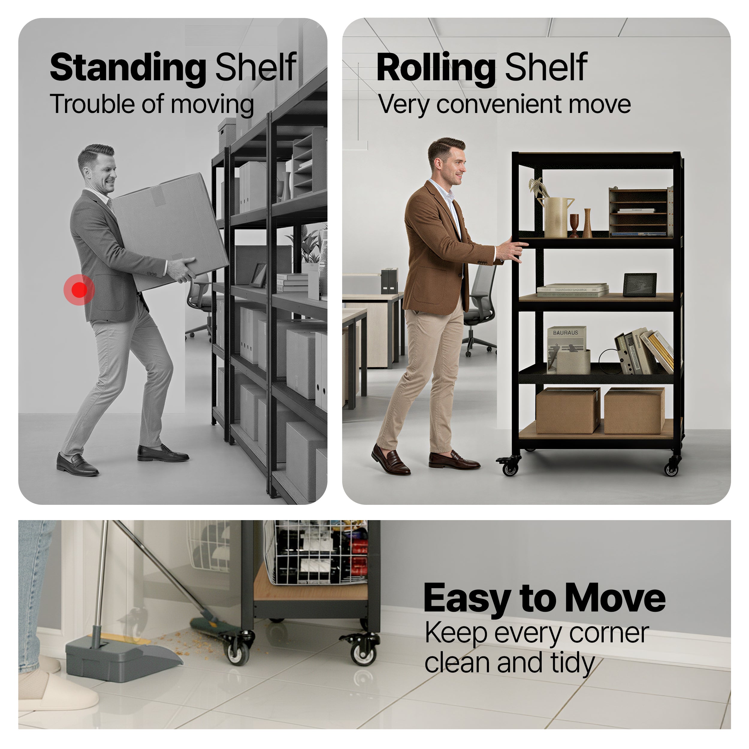 24.4"W HOMEDANT HOUSE 5-Tier Rolling Shelf, Black