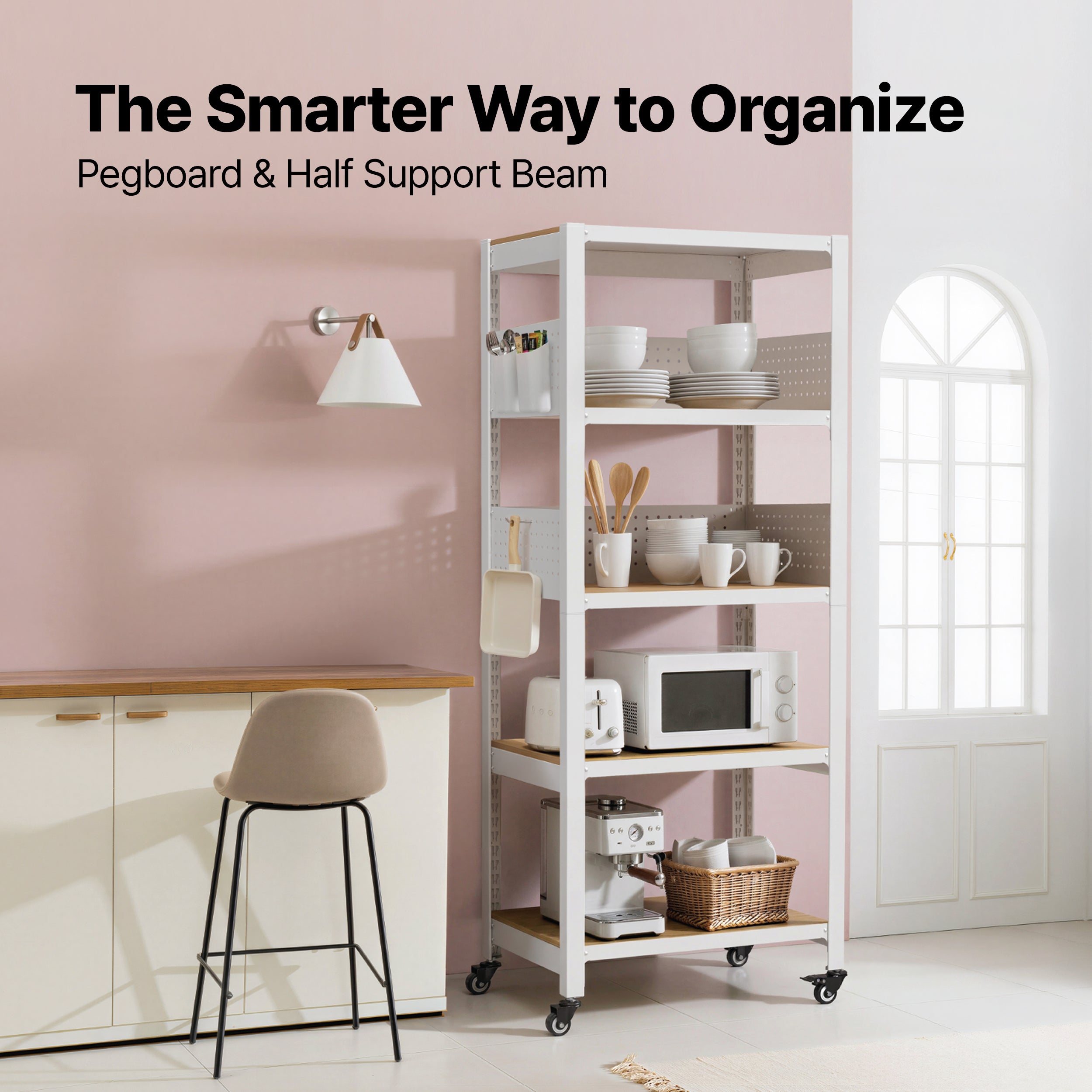 32.3"W HOMEDANT HOUSE 5-Tier Pegboard Rolling Shelf, White