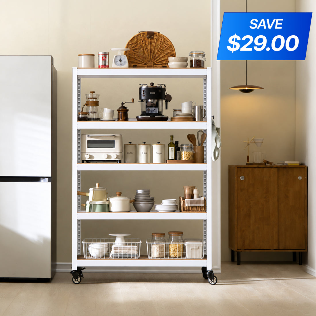 <a href="/products/hs124518w-5w" title="48.1"W HOMEDANT HOUSE 5-Tier Rolling Shelf, White"><strong>$170.99</strong> -14.5%</a>