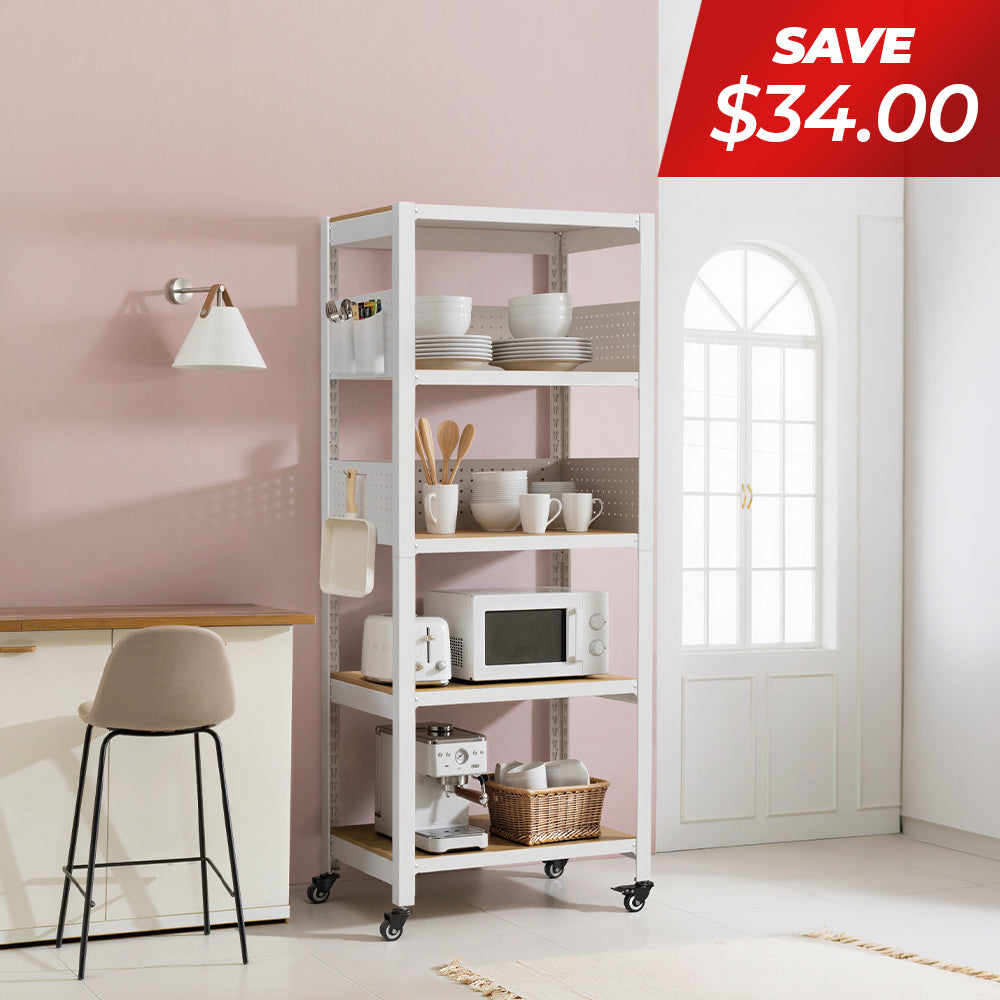 <a href="/products/hs604015hpw-5w" title="24.4"W HOMEDANT HOUSE 5-Tier Pegboard Rolling Shelf, White"><strong>$135.99</strong> -20%</a>