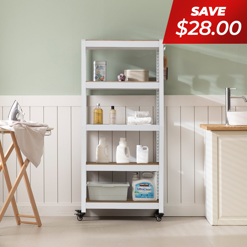 <a href="/products/hs604015w-5w" title="24.4"W HOMEDANT HOUSE 5-Tier Rolling Shelf, White"><strong>$111.99</strong> -20%</a>