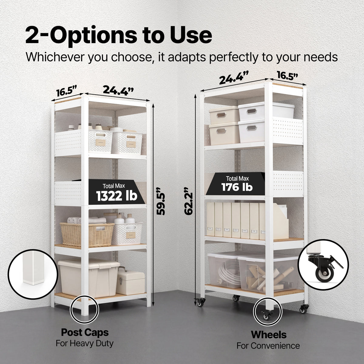 24.4"W HOMEDANT HOUSE 5-Tier Pegboard Rolling Shelf, White